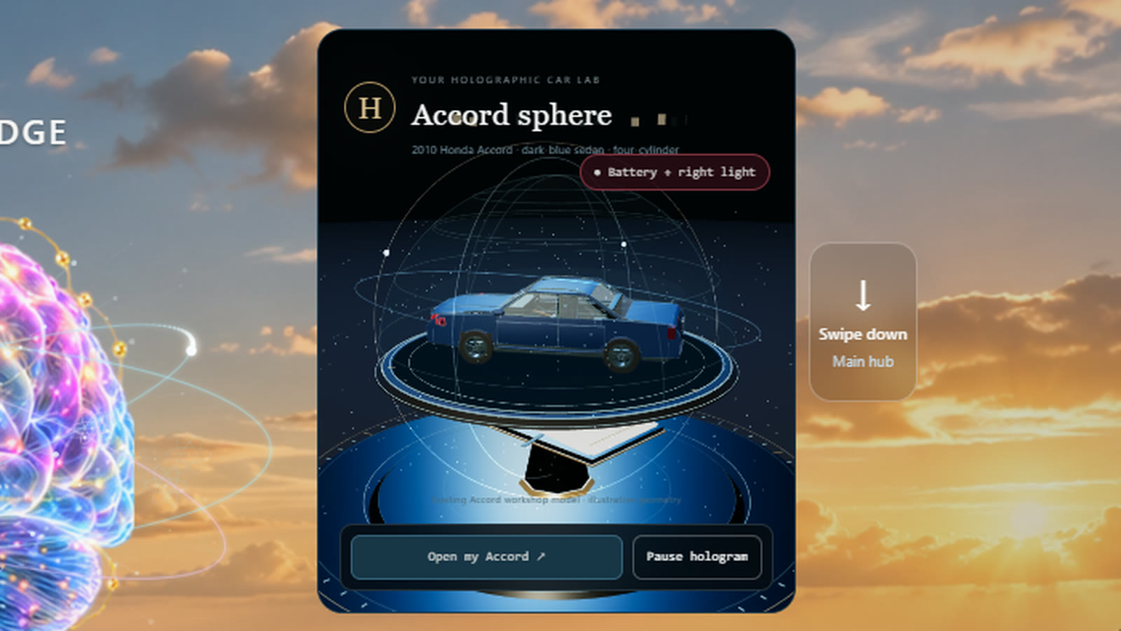 The Car sphere on Azula’s main menu, flagging a battery and a right headlight