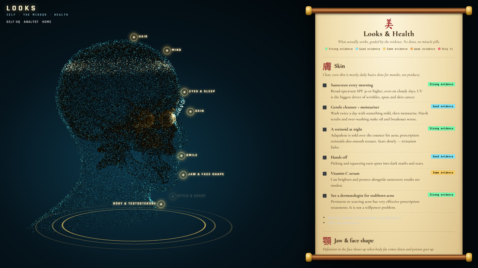 Azula’s Looks & Health scroll beside a particle portrait