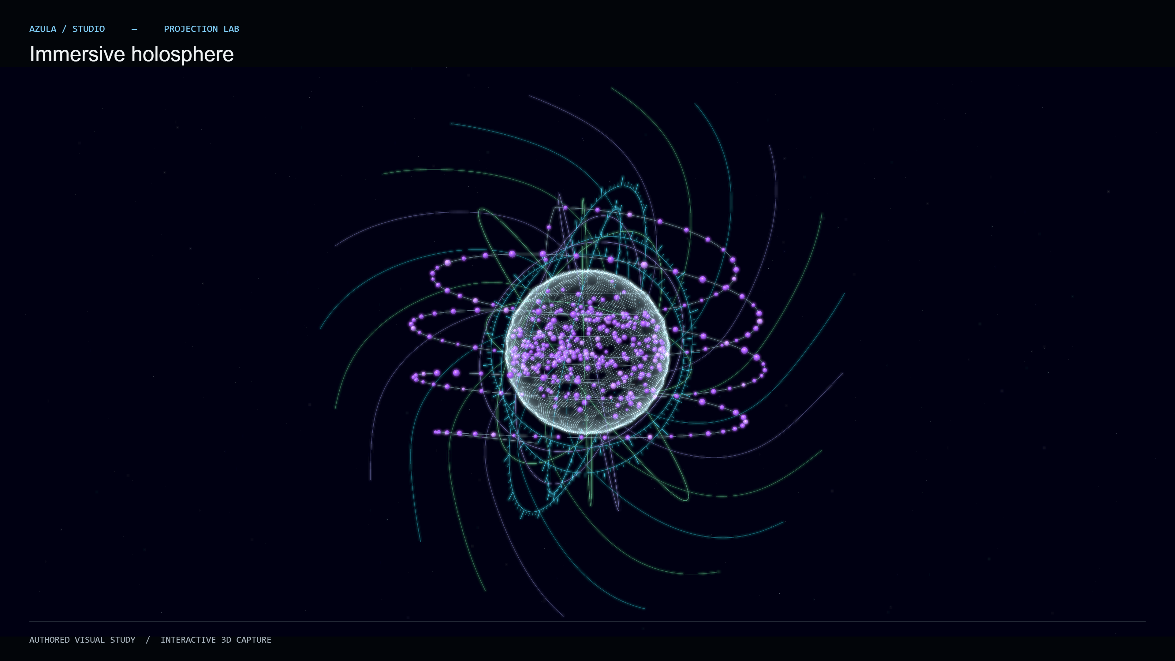 4K still of Azula Studio's gray-contoured holographic orb with purple microballs on a spiral.