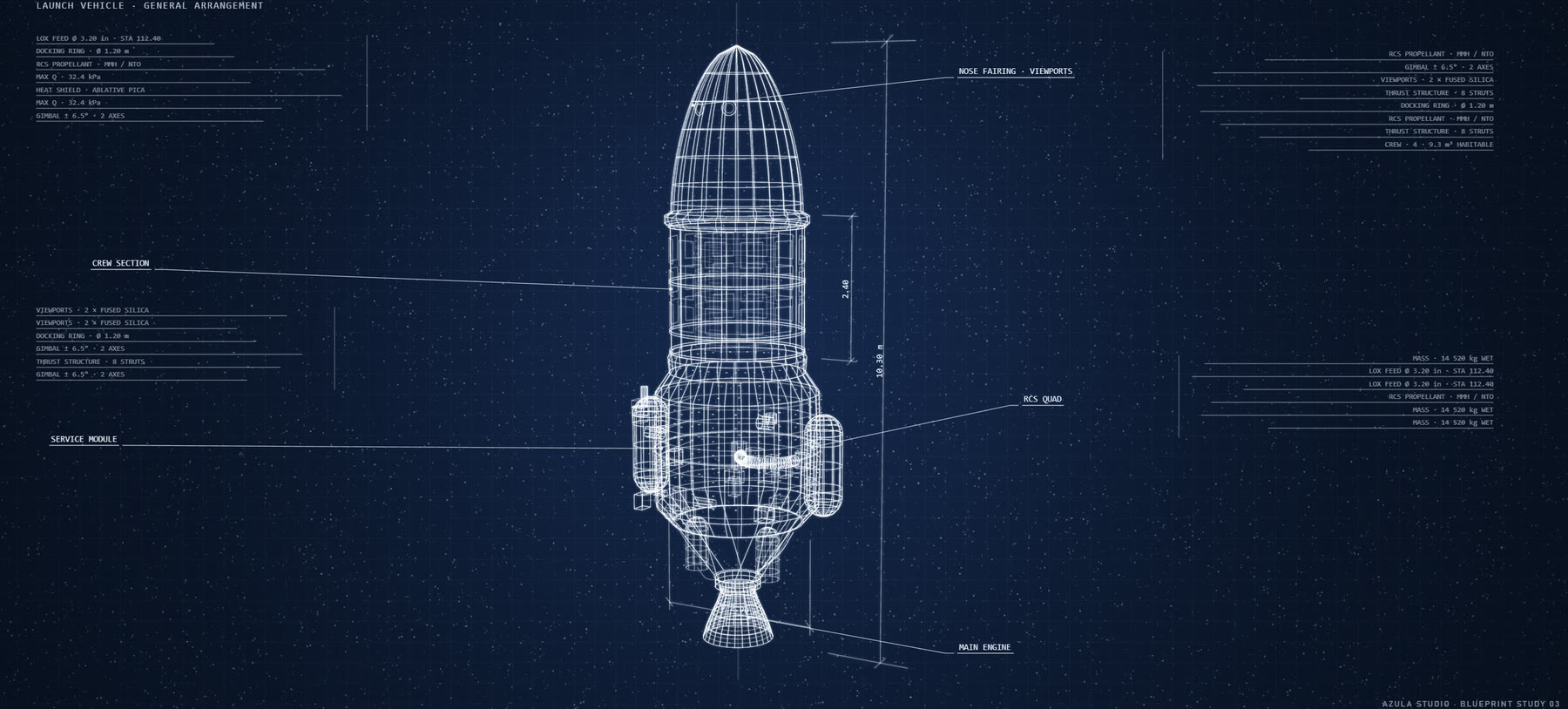 A launch-vehicle blueprint sheet from Studio Mark I