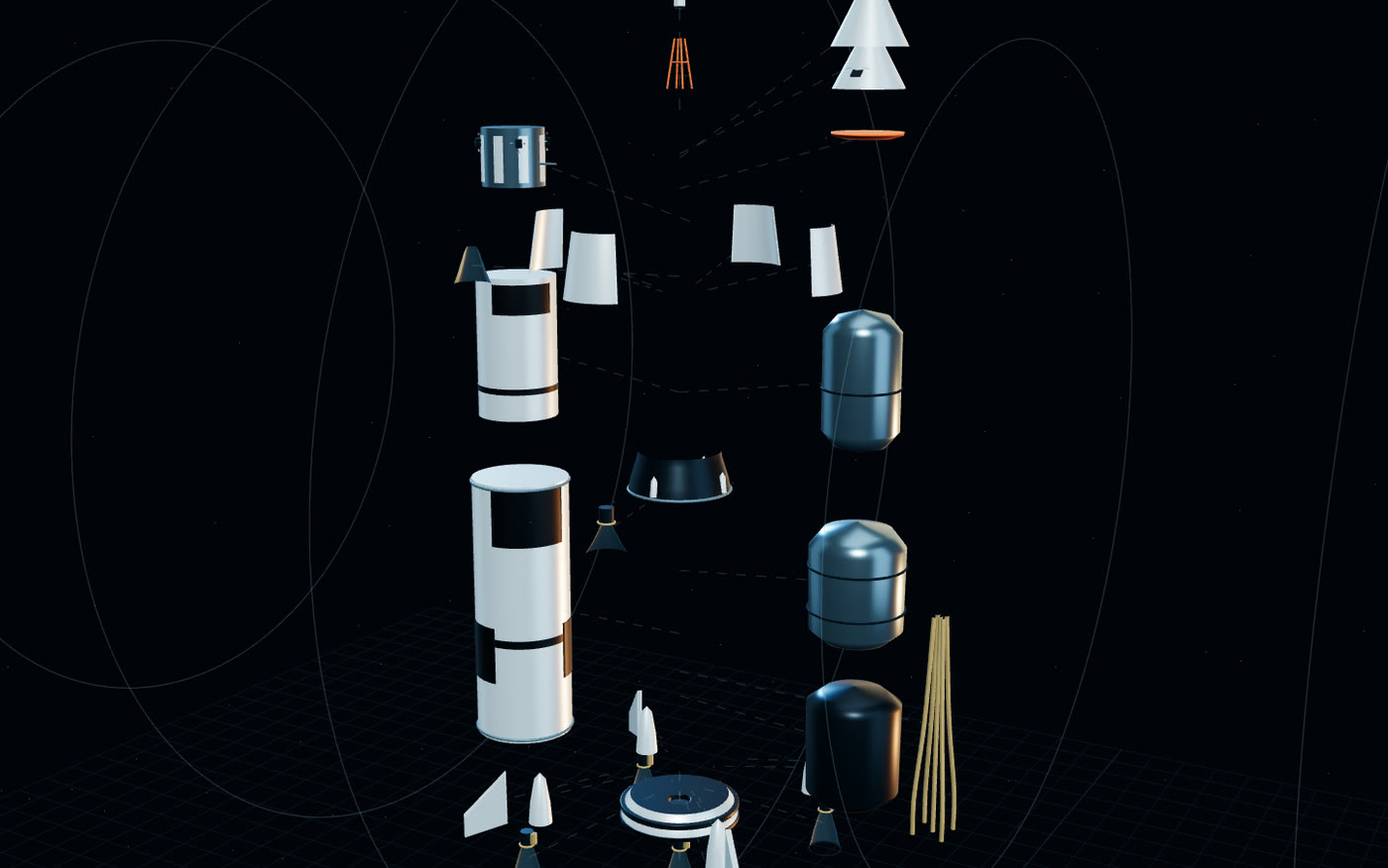A launch vehicle taken apart in the Studio 3D builder